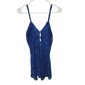 Vintage Jolynn Royal Blue Floral Jacquard Nightgown Bow Keyhole Mini Lingerie